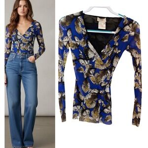 FUZZI Made Italy‎ Womens Size M Butterfly Print Mesh Long Sleeve Wrap Top Blue